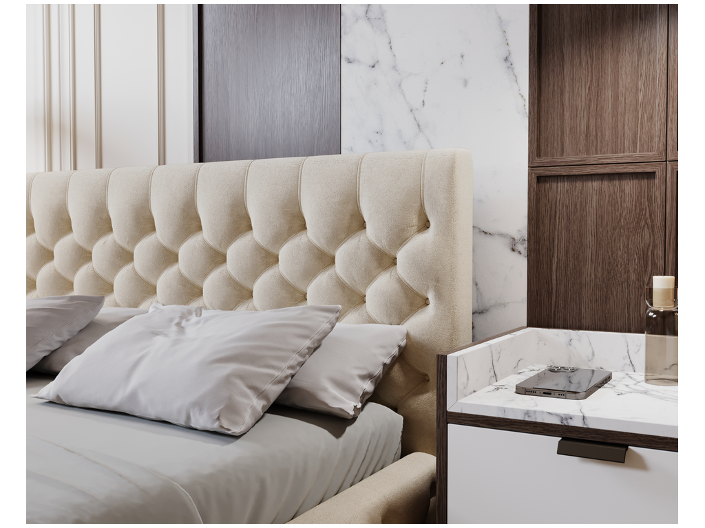 Lit en velours beige, 160 x 200 cm