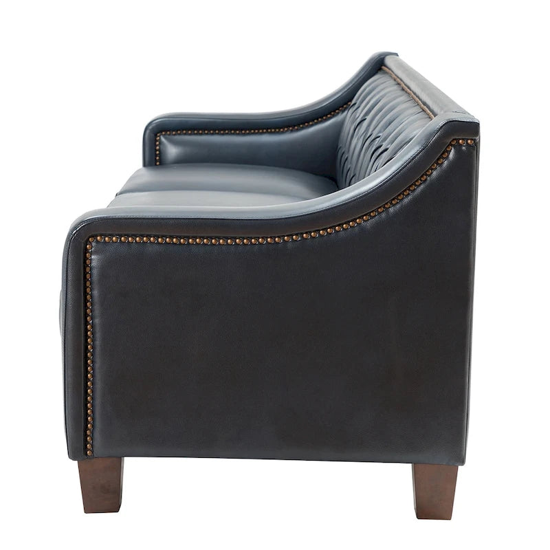 Canapé Mateo de style transitionnel de 209 cm de large, en cuir véritable, avec garniture cloutée et dossier capitonné.