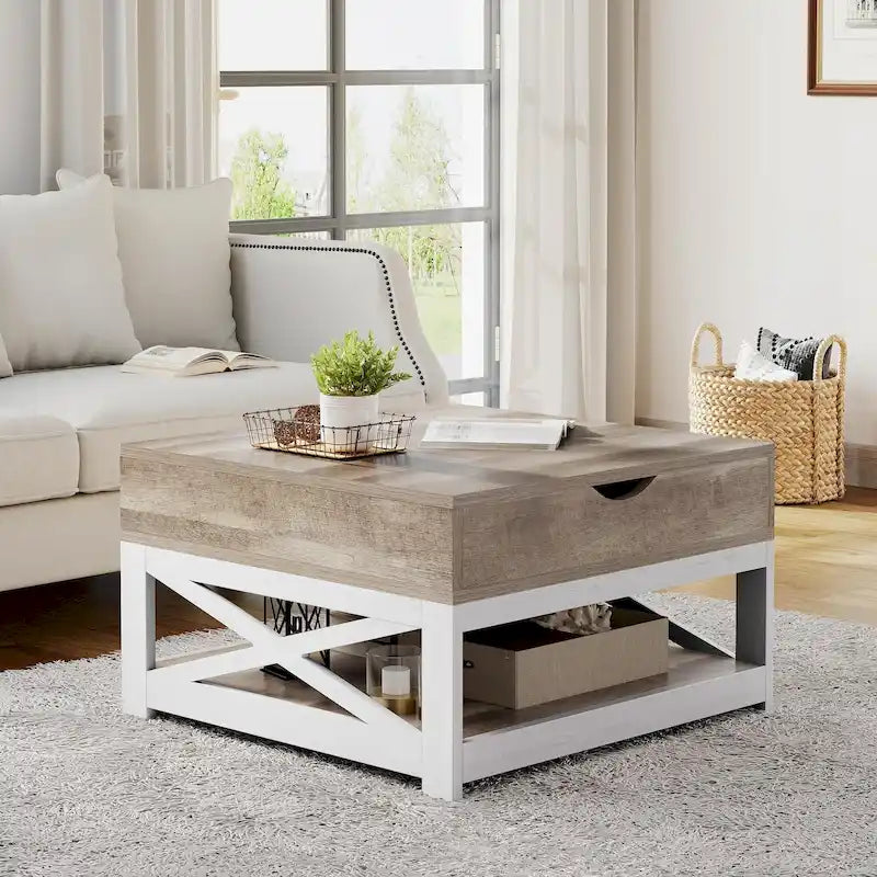 Table basse carrée Moasis Farmhouse avec plateau relevable, rangement et étagère
