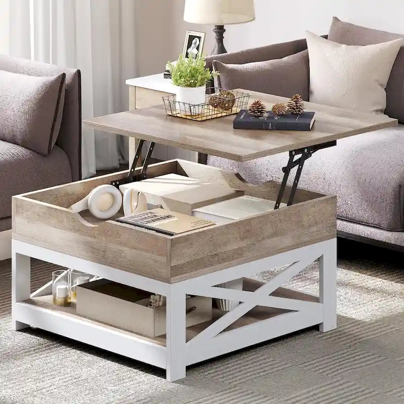 Table basse carrée Moasis Farmhouse avec plateau relevable, rangement et étagère