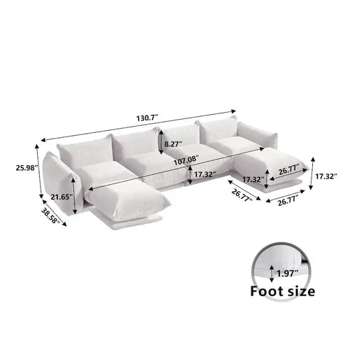 Canapé d'angle en forme de U 130 cm, canapé modulable minimaliste en chenille 6 places avec méridienne réversible et pouf